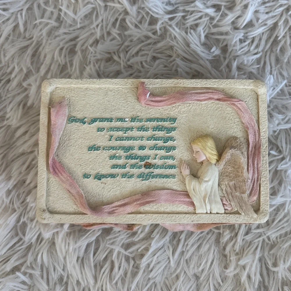 Vintage Serenity Prayer Music Box Angel Praying Wings Plays Melody Collectible